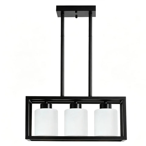 ROCUNSI 3-Light Black Kitchen Island Lighting fixture with three white glass shades and adjustable height design.