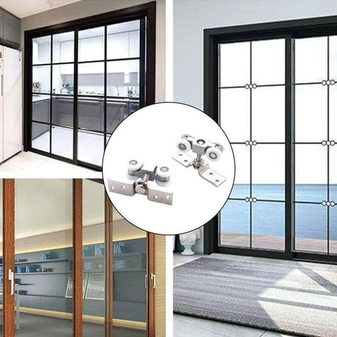 Slick Four Wheel Metal Sliding Track Pocket Door Roller Kit With Hanger Ball Bearing Pulleys for doors and partitions.