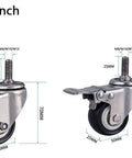 Heavy Duty Furniture Caster Wheels With Brake Silent Polyurethane Rollers For Tables And Desks Double Bearing Swivel Casters M10 Thread 304 Stainless Steel 4 Pack 2-inch size with measurements.