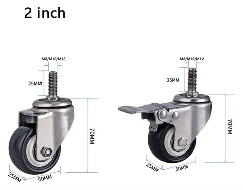 Heavy Duty Furniture Caster Wheels With Brake Silent Polyurethane Rollers For Tables And Desks Double Bearing Swivel Casters M10 Thread 304 Stainless Steel 4 Pack 2-inch size with measurements.