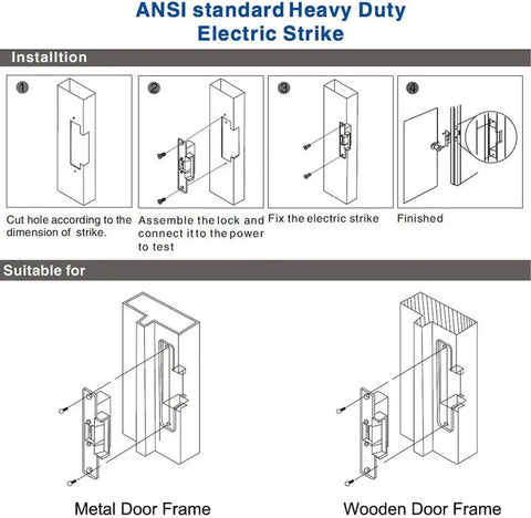Installation and compatibility guide for Heavy Duty Electric Strike Lock For Door Access Control Systems on metal and wooden frames.