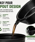 Easy pour spout design of Top Tier 7 Quart Oil Drain Pan With Built In Scale Pour Spout for clean fluid transfer.