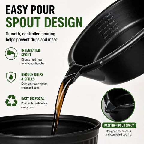Easy pour spout design of Top Tier 7 Quart Oil Drain Pan With Built In Scale Pour Spout for clean fluid transfer.