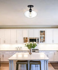 Semi Flush Mount Ceiling Light With Clear Glass Shade Modern Vintage Vibe Fixture in white kitchen setting