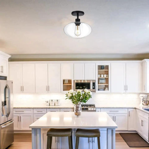 Semi Flush Mount Ceiling Light With Clear Glass Shade Modern Vintage Vibe Fixture in white kitchen setting