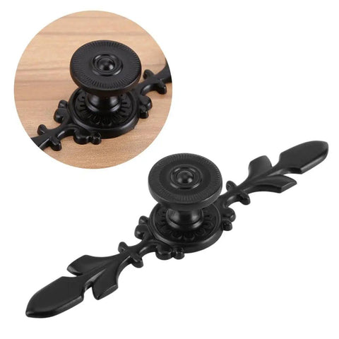 Close-up of Pack Of 4 Vintage Pull Handle Door Knob Back Plate Set for home furniture with screws, black zinc alloy