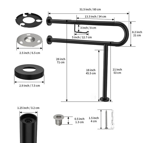 Slick Matte Black Wall To Floor Toilet Safety Grab Bar With Paper Holder dimensions and components illustration for adult mobility support.