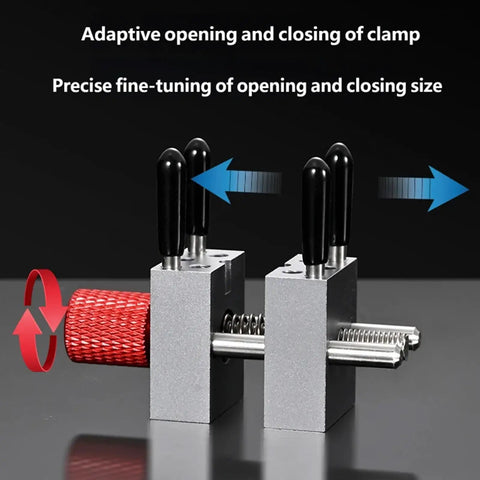 Aluminum Four Post Clamp Tool For Fine Assembly And Small Part Positioning, Handy Portable Manual Repair Fixture For Detail Work, Quick Setup And Reliable Holding At Your Hobby Bench Or Workshop showing adjustable jaws and red knob