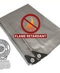 Beefy Heavy Duty Fire Retardant Shade Tarp 8x10 Feet Silver UV Protected Waterproof And Tear Resistant Rust Resistant Grommets Every 18 Inches 12 Mil Thick CPAI 84 NFPA 701 CA Title 19 Certified Outdoor Cover with flame retardant symbol and certification markings.