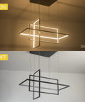 Slick Black Square Cube LED Pendant Light Chandelier, 34 Inch Wide, warm white 3000K lighting, shown on and off settings.