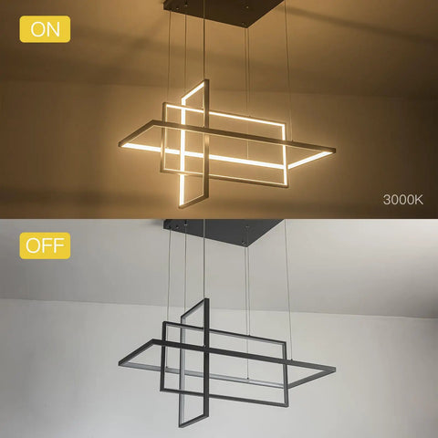 Slick Black Square Cube LED Pendant Light Chandelier, 34 Inch Wide, warm white 3000K lighting, shown on and off settings.