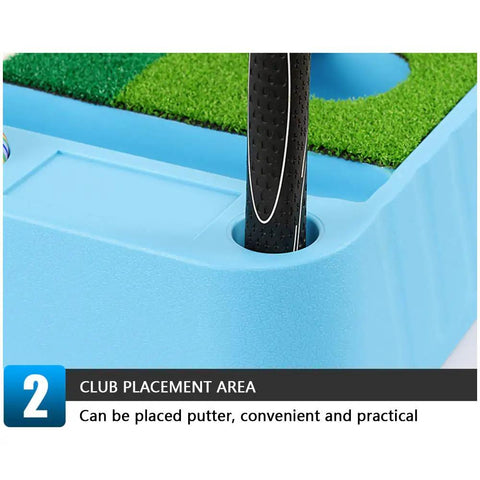 Portable Mini Putting Green Mat with Ball Return System for Home, Office and Backyard club storage area detail