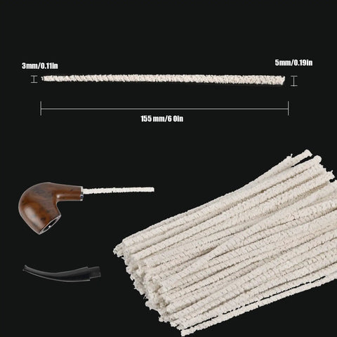 Bulk 100 Pack 6 Inch Conical Pipe Cleaners made of cotton and steel wire for tar resin and dust removal next to a pipe