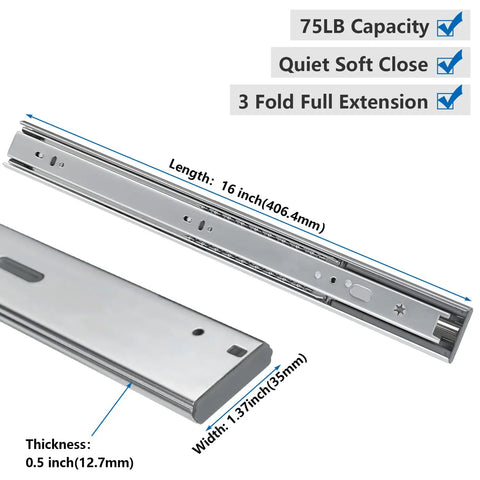 10 Pairs 16 Inch Soft Close Drawer Slides Full Extension Ball Bearing Cabinet Slides Heavy Duty 50 to 75 Lb Capacity