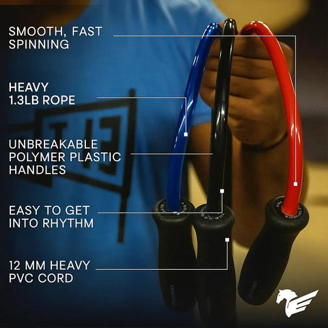 Muay Thai 2.0 Weighted Jump Rope For High Intensity Training And MMA Workouts, Heavy 1.3lb PVC Rope With 9 Foot Length shown.