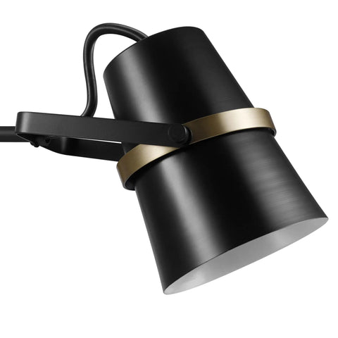 Close-up of Dope Modern Industrial Swing Arm Wall Sconce in Matte Black with Brass Accents, plug-in or hardwire option.