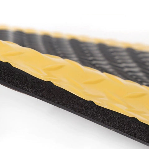 Close-up of Heavy Duty Anti Fatigue Mat 3 Ft By 6 Ft Diamond Plate Ergonomic Standing Floor Mat, yellow edge, memory foam.