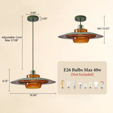 Amber Glass Pendant Light Modern: 19-inch Metal Chandeliers For Dining Room with adjustable cord and bulbs not included.