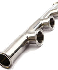 GOGOUP tri-clamp manifold, 1.5-inch, 3-way, polished 304 stainless steel with three side ports (angled view)