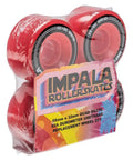 Pack of four red 58mm x 32mm skate wheels shown in packaging, labeled for 82A urethane, ideal replacement set for quad roller skates.