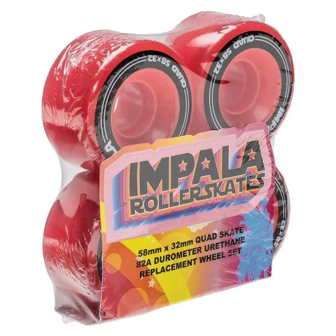 Pack of four red 58mm x 32mm skate wheels shown in packaging, labeled for 82A urethane, ideal replacement set for quad roller skates.