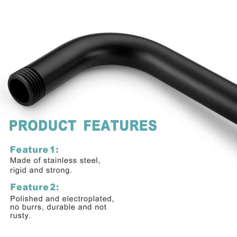16 Inch L Shaped Shower Arm Extension With Matte Black Finish, Heavy Duty Stainless Steel Arm With Flange Included, close-up view