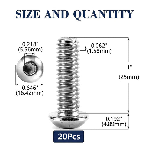 Kickass 3/8-16 Button Head Socket Cap Bolts 20 Piece Pack 18-8 Stainless Steel 304 with size measurements and details.