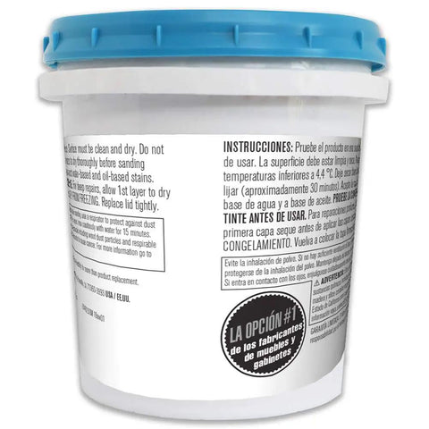 Latex Wood Filler That Dries Fast Paintable And Stainable Easy Sanding Drilling Planing Interior Exterior Use Low Odor Water Cleanup Solvent Free 24 Oz Pint Natural, showing instructions label and blue lid.