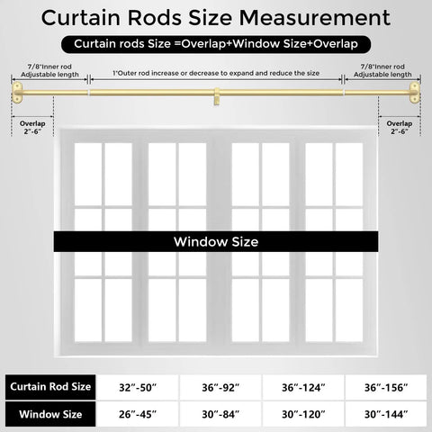 Diagram showing size measurements for Wrap Around Blackout Curtain Rods 36 To 120 Inch 1 Inch Diameter Heavy Duty Metal Rod.