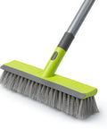 2 In 1 Floor Scrub Brush with stiff bristles and integrated squeegee, long 57 inch handle for deep cleaning concrete and hard surfaces.