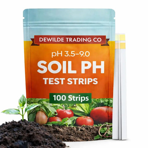 Soil pH Test Strips Kit For Gardens And Lawns, 100 Tester Strips, 3.5 To 9 Range, packet with soil and plants visible