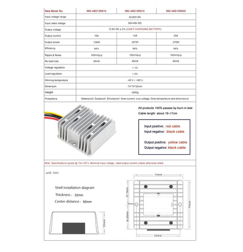Heavy Duty DC DC Step Down Converter Buck Module Transforms 36V Or 48V Input To A Clean 13.8V Output, 74x74x32mm size.