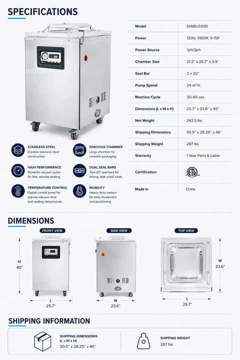Heavy Duty Commercial Chamber Vacuum Sealer Featuring Dual 20 Inch Seal Bars For Restaurant Butcher Shop Kitchen Use Electric Floor Packing Station, stainless steel construction.