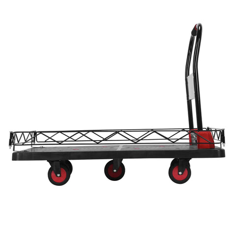Hella Sturdy Folding Platform Truck With Quiet TPR Wheels And Removable Cage Heavy Duty Hand Cart showing side view with black platform and red wheels.