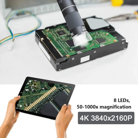 4K WiFi USB Digital Handheld Microscope With Metal Stand 50 to 1000x Magnification Portable USB Scope for Kids and Students Explore Coins Circuits Jewelry Skin Insects and More Ideal for Learning and DIY Projects, 8 LEDs viewing circuit board
