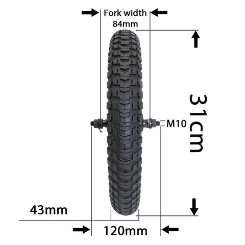 12 Inch Kids Front Bicycle Wheel Replacement With Solid Rubber Tire And Inner Tube, Black Steel Rim, Front View With Dimensions