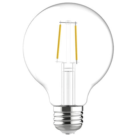 Soft White LED Light Bulbs 40W Equivalent G25 Globe Clear Medium Base 2 Pack For Cozy Vibes Energy Efficient Warm Glow Enhanced Color Home Comfort In Your Living Room visible as a clear glass globe with a metal screw base
