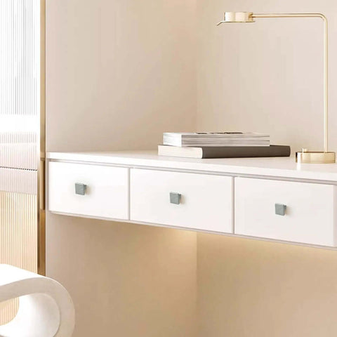 Two Pack Square Ceramic Drawer Knobs With Screws Dark Gray Cabinet Pulls for dresser drawers in a modern bedroom setting