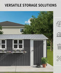 12x10 Ft Outdoor Metal Storage Shed With 3 Clear Windows, Flower Rack, Lockable Single Door, Heavy Duty Steel Construction, Grey