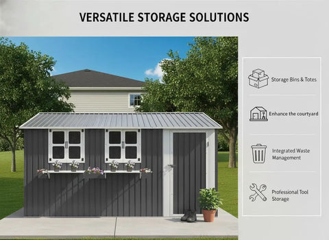 12x10 Ft Outdoor Metal Storage Shed With 3 Clear Windows, Flower Rack, Lockable Single Door, Heavy Duty Steel Construction, Grey