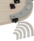 Five Piece Router Corner Radius Template Set With Removable Woodworking Jigs For Smooth Cabinet Edges showing R100 guide and plastic corner templates.