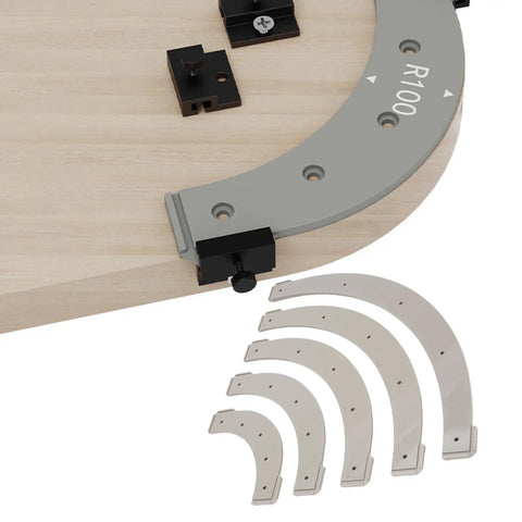 Five Piece Router Corner Radius Template Set With Removable Woodworking Jigs For Smooth Cabinet Edges showing R100 guide and plastic corner templates.