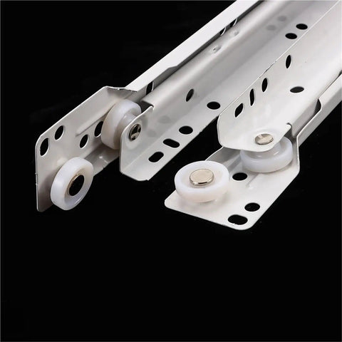 Close-up of heavy duty cabinet drawer slides with smooth ball bearing rollers full extension track, steel material, 14 inch pair