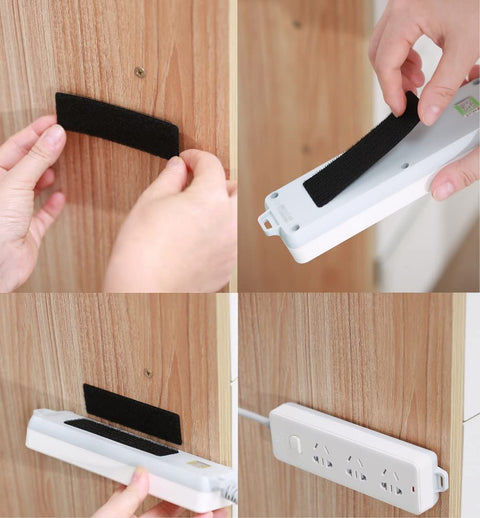 Heavy Duty 1x4 Inch Hook And Loop Fastener Strips With Adhesive, 20 Sets in use for mounting a power strip on wood wall.