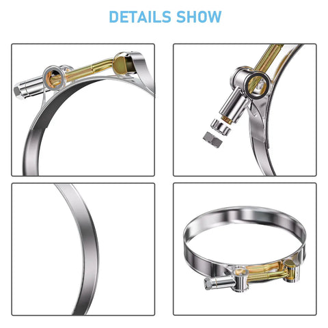T Bolt Hose Clamp Set 58-65mm For 2 Inch Hoses Heavy Duty Stainless Steel detail shot showing clamp mechanism and material