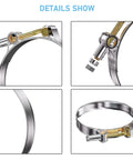 Close-up of 10 Pack T Bolt Hose Clamps 64-72mm For 2.25 Inch Hose ID Built Tough For Diesel Trucks And Marine Use Stainless Steel