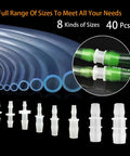Front view: 40 white plastic hose barb fittings for aquarium tubing in multiple sizes; circular inset shows green hoses.