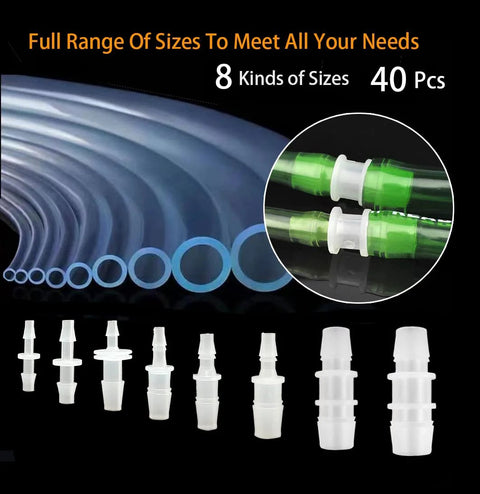Front view: 40 white plastic hose barb fittings for aquarium tubing in multiple sizes; circular inset shows green hoses.