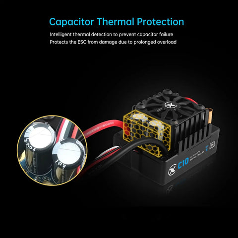 C10 Sensorless Brushless ESC For RC Car 120A Continuous Current 2-4S LiPo with capacitor thermal protection feature