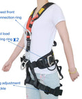 Person wearing Climbing Safety Belt For Outdoor Tree Climbing, Adjustable Quick-Dry Nylon Harness with D-Rings, EN353 Certified